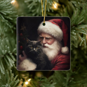 Black Cat With Santa Claus Festive Christmas  Ceramic Ornament