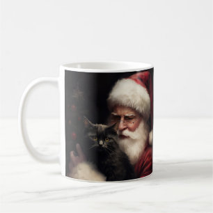 Black Cat With Santa Claus Festive Christmas Coffee Mug