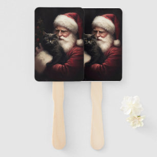 Black Cat With Santa Claus Festive Christmas Hand Fan