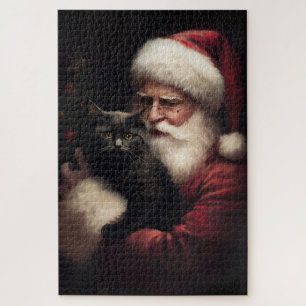Black Cat With Santa Claus Festive Christmas  Jigsaw Puzzle