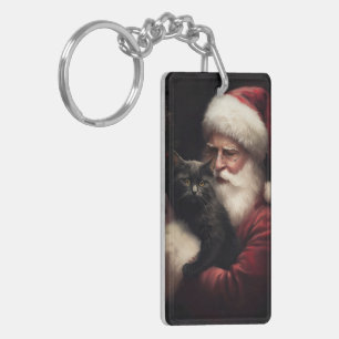 Black Cat With Santa Claus Festive Christmas Keychain