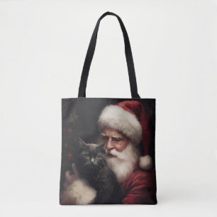 Black Cat With Santa Claus Festive Christmas Tote Bag