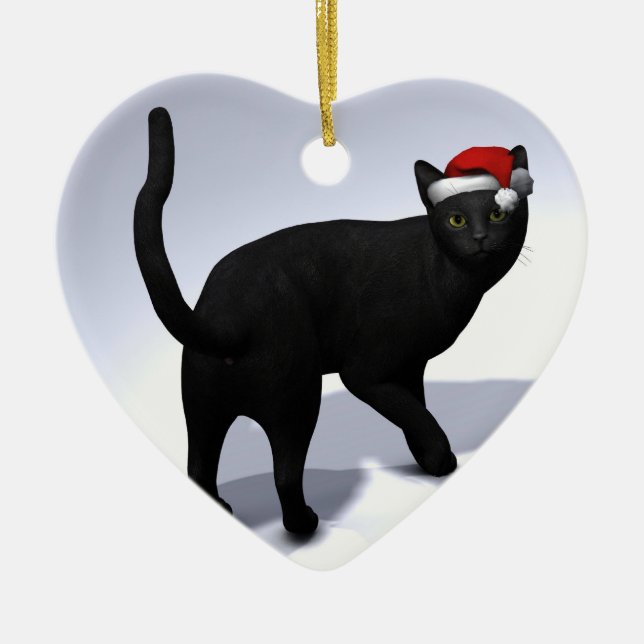 Black Cat With Santa Claus Hat Ceramic Ornament (Front)