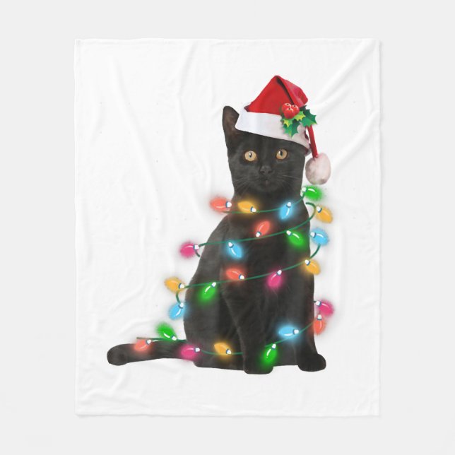 Black Cat With Santa Hat Christmas Lights Fleece Blanket (Front)