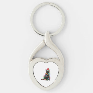 Black Cat With Santa Hat Christmas Lights Keychain