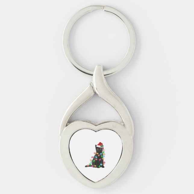 Black Cat With Santa Hat Christmas Lights Keychain (Front)