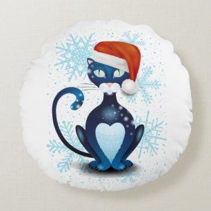 Black Cat with Santa's Hat Round Pillow