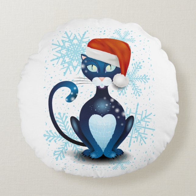 Black Cat with Santa's Hat Round Pillow (Front)
