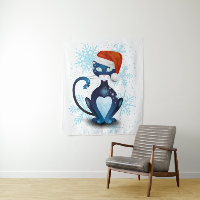 Black Cat with Santa's Hat Tapestry (In Situ)