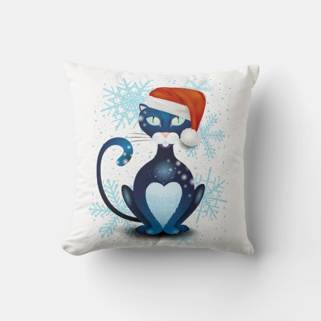 Black Cat with Santa's Hat Throw Pillow (Front)