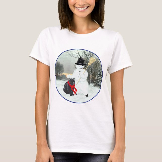 Black Cat with Snowman T-Shirt (Front)