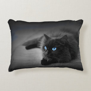 Black Cat with Striking Blue Eyes – Feline Accent Pillow