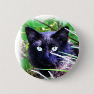 Black cat with striking green eyes 2 inch round button