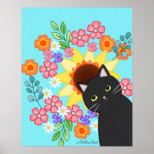 Black Cat with Sunflower Bright Colourful Cat Art Poster