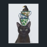Black Cat with Teacups and Blackbird Postcard<br><div class="desc">Black Cat with Teacups and Blackbird by FabFunky. Features a black cat with stacked teacups and a black bird atop its head. | 191546D</div>
