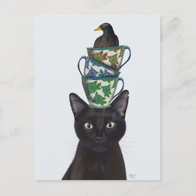 Black Cat with Teacups and Blackbird Postcard (Front)
