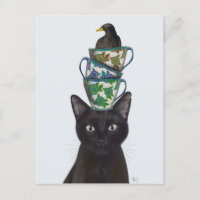 Black Cat with Teacups and Blackbird