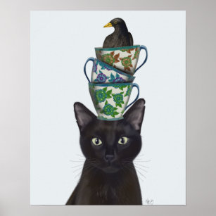 Black Cat with Teacups and Blackbird Poster