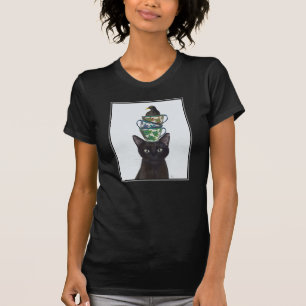 Black Cat with Teacups and Blackbird T-Shirt