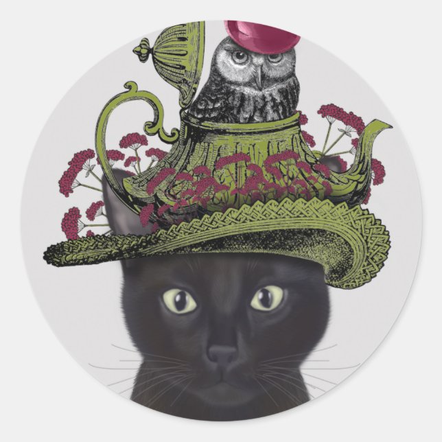 Black Cat with Teapot and Owl Classic Round Sticker (Front)