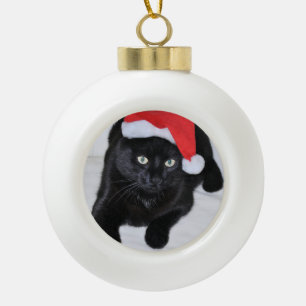 Black Cat with the Red Santa Hat Ceramic Ball Christmas Ornament