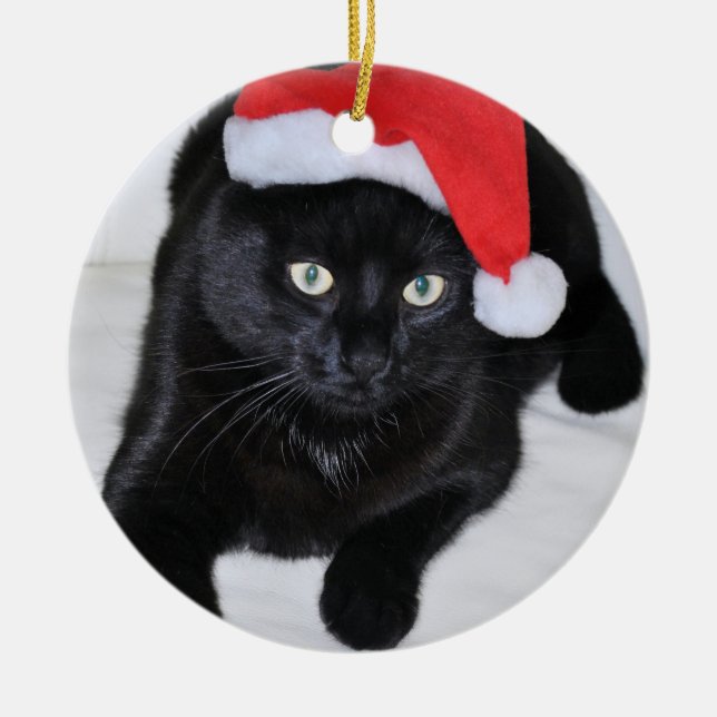 Black Cat with the Red Santa Hat Ceramic Ornament (Front)