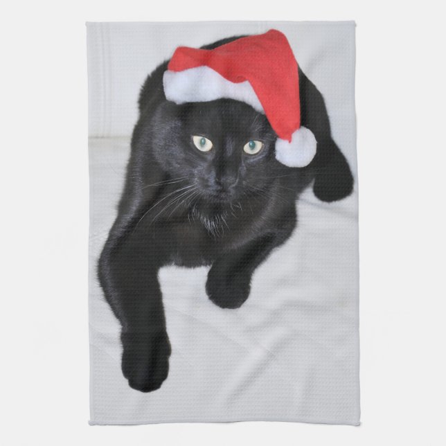 Black Cat with the Red Santa Hat Kitchen Towel (Vertical)