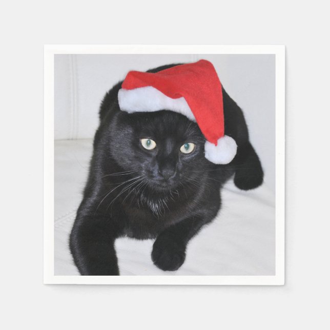 Black Cat with the Red Santa Hat Napkin (Front)