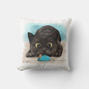 Black Cat with Toy Mouse Cartoon Throw Pillow