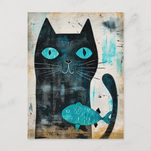 Black Cat with Turquoise Eyes and Fish Postcard