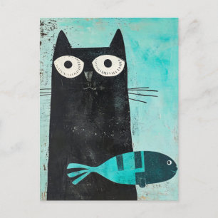 Black Cat with Turquoise Fish Postcard
