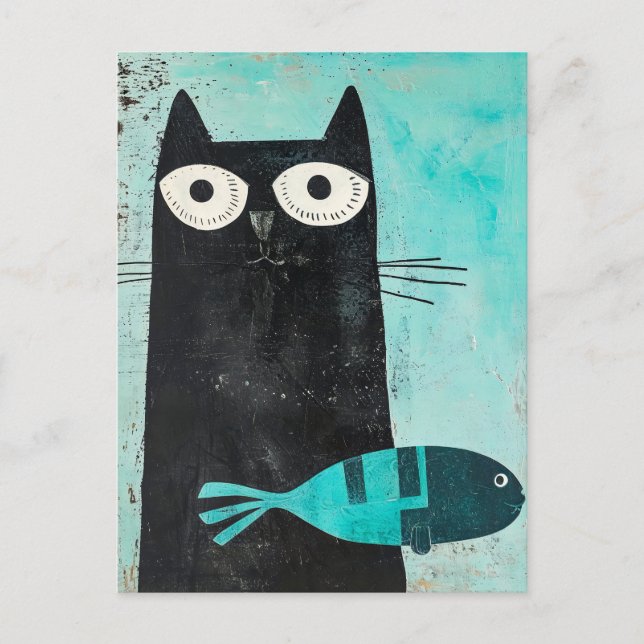 Black Cat with Turquoise Fish Postcard (Front)