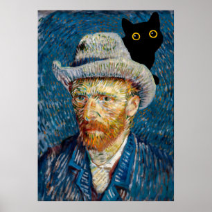 Black Cat with Van Gogh Portrait Poster