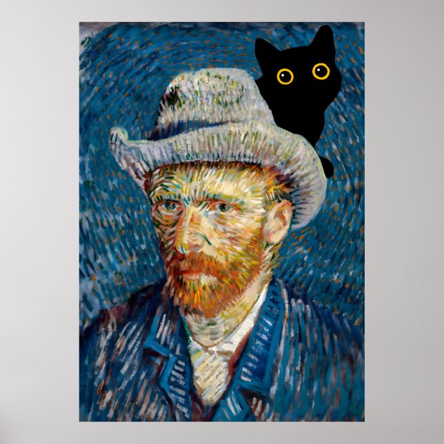 Black Cat with Van Gogh Portrait Poster (Front)