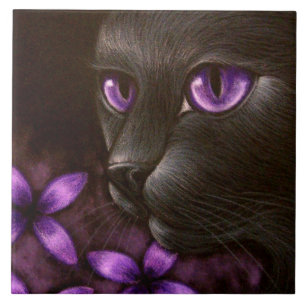 BLACK CAT with VIOLET FLOWERS TILE