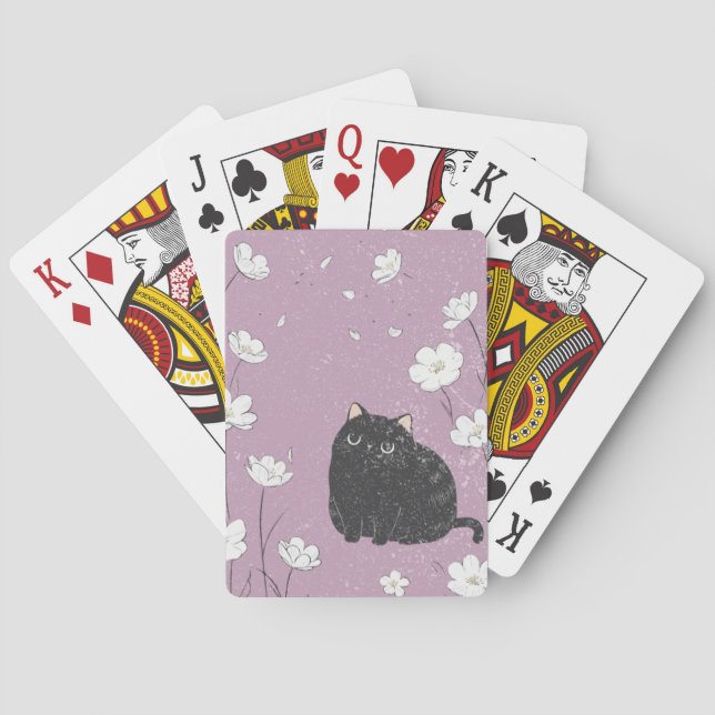 Black cat with white flowers playing cards (Back)