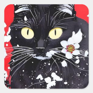 Black Cat With White Flowers Red Background Square Sticker