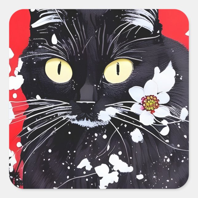 Black Cat With White Flowers Red Background Square Sticker (Front)