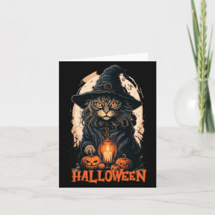 Black Cat With Witch Hat Candle And Scary Pumpkin Card