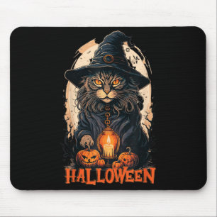 Black Cat With Witch Hat Candle And Scary Pumpkin Mouse Pad