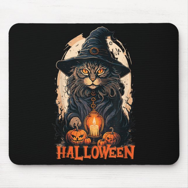 Black Cat With Witch Hat Candle And Scary Pumpkin Mouse Pad (Front)
