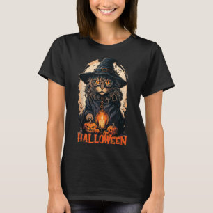 Black Cat With Witch Hat Candle And Scary Pumpkin T-Shirt