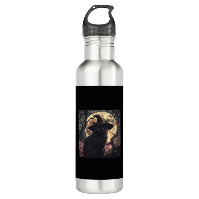 Black Cat with Witch Hat Halloween  710 Ml Water Bottle (Front)