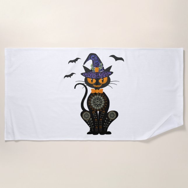 Black Cat With With Jack O Lantern Halloween Shirt Beach Towel (Front)