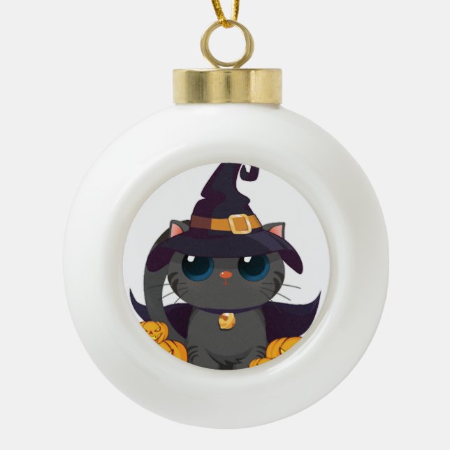 Black Cat With With Jack O Lantern Halloween Shirt Ceramic Ball Christmas Ornament (Front)