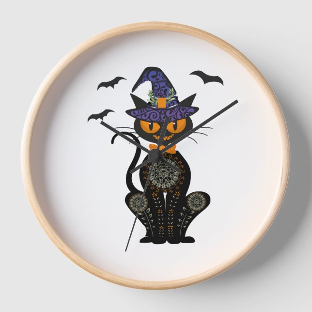 Black Cat With With Jack O Lantern Halloween Shirt Clock (Front)