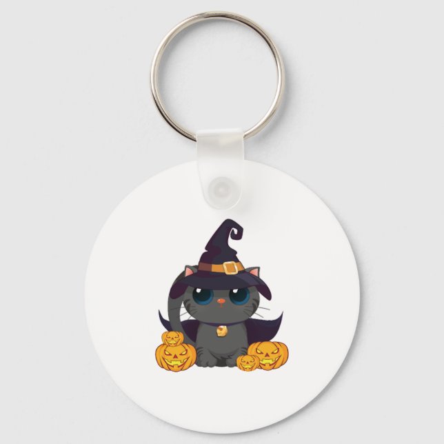 Black Cat With With Jack O Lantern Halloween Shirt Keychain (Front)