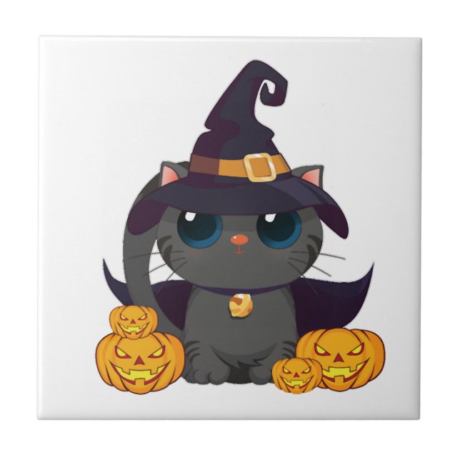 Black Cat With With Jack O Lantern Halloween Shirt Tile (Front)