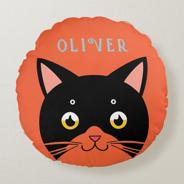 Black Cat with Yellow Eyes and Whiskers Round Pillow (Front)