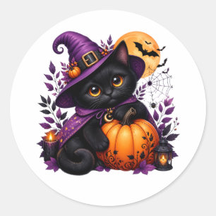 Black Cat Wizard Halloween Kawaii – Kitten, Pumpki Classic Round Sticker
